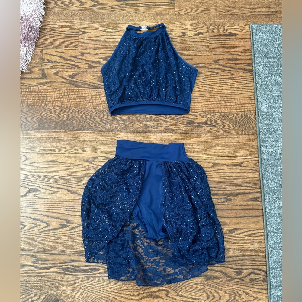 Alexandra Collection Blue Sequin Lace Halter Crop Top Skirt Dance Costume Small